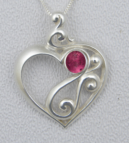 Sterling Silver Fancy Heart Pendant With Pink Tourmaline